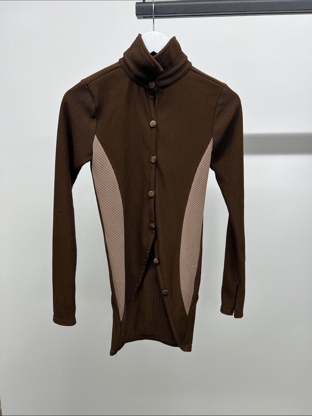Maniere De Voir Brown and Beige Ribbed Button-Up Cardigan